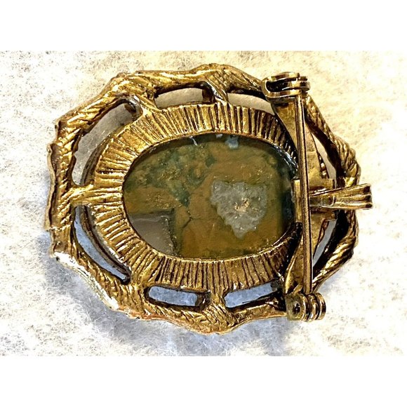 Vintage Rainforest Jasper Brooch/Pendant, 2” Gold Tone Bezel - Picture 4 of 4